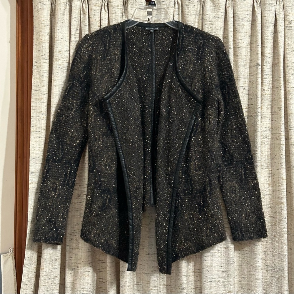 Eileen Fisher Mohair & Wool Blend Leather Trim Cardigan - Medium